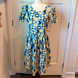 Lularoe Amelia NEW Zip Up Dress Large Yellow, Blue, & Navy
